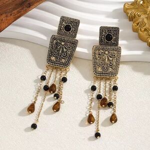 Zara Ethnic Vintage Black Bead Chain Tassel Earrings
